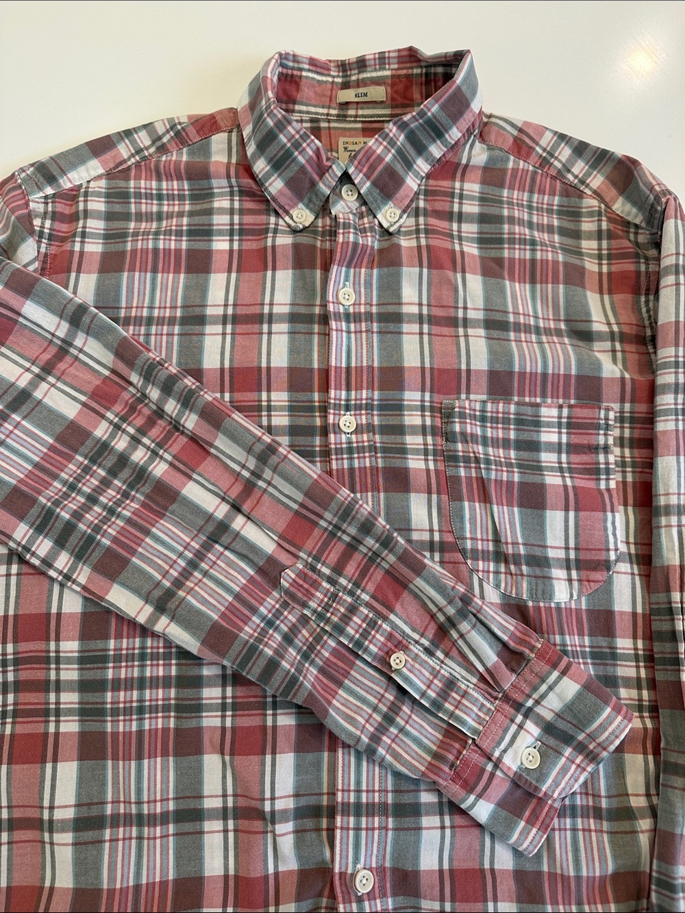 J. Crew Indian Madras Slim Fit Plaid Button Down Shirt Mens Large Red Grey White